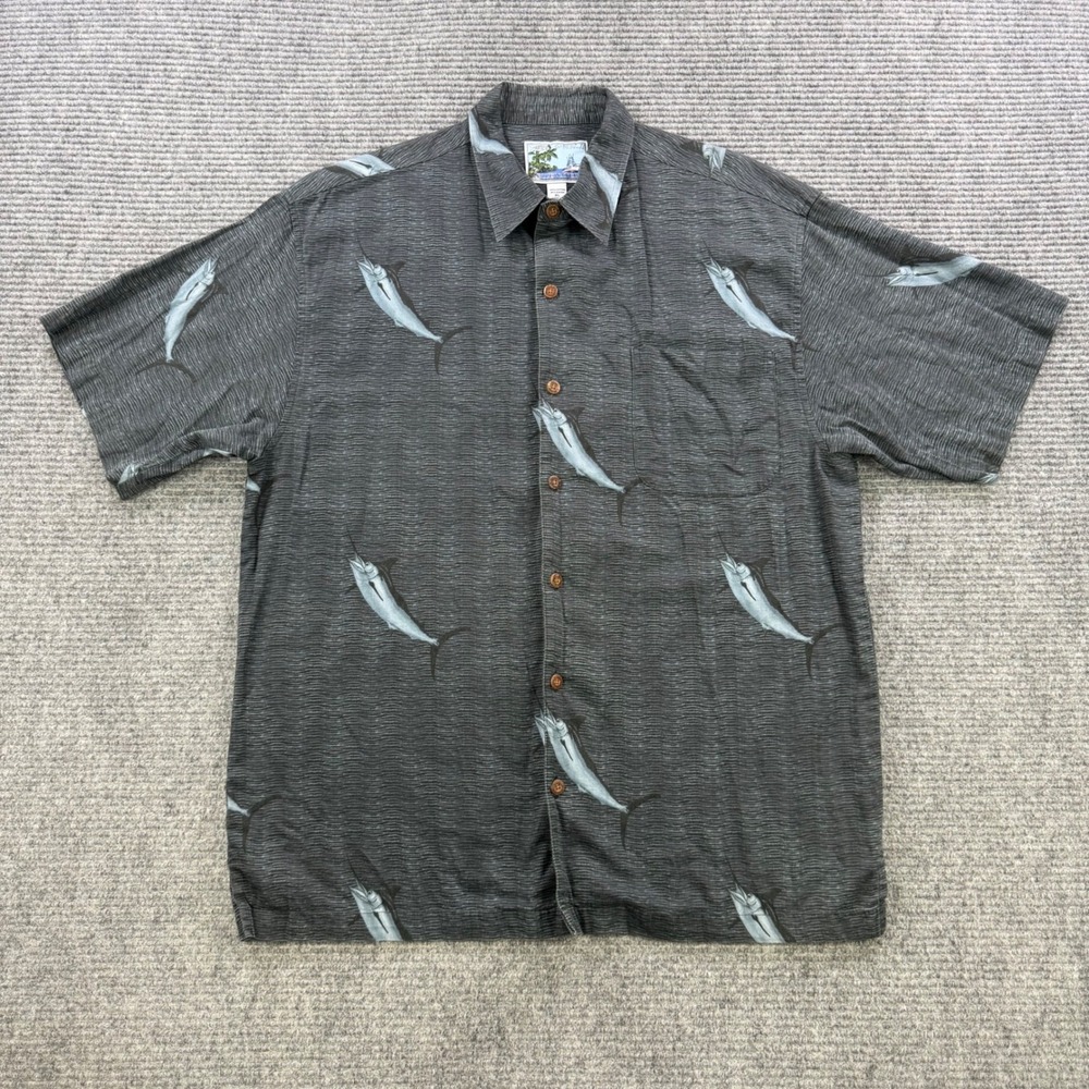 AFTCO Bluewater Mens XL Marlin Fish Print Button Up Shirt Grey Blue Short Sleeve - Picture 2 of 11